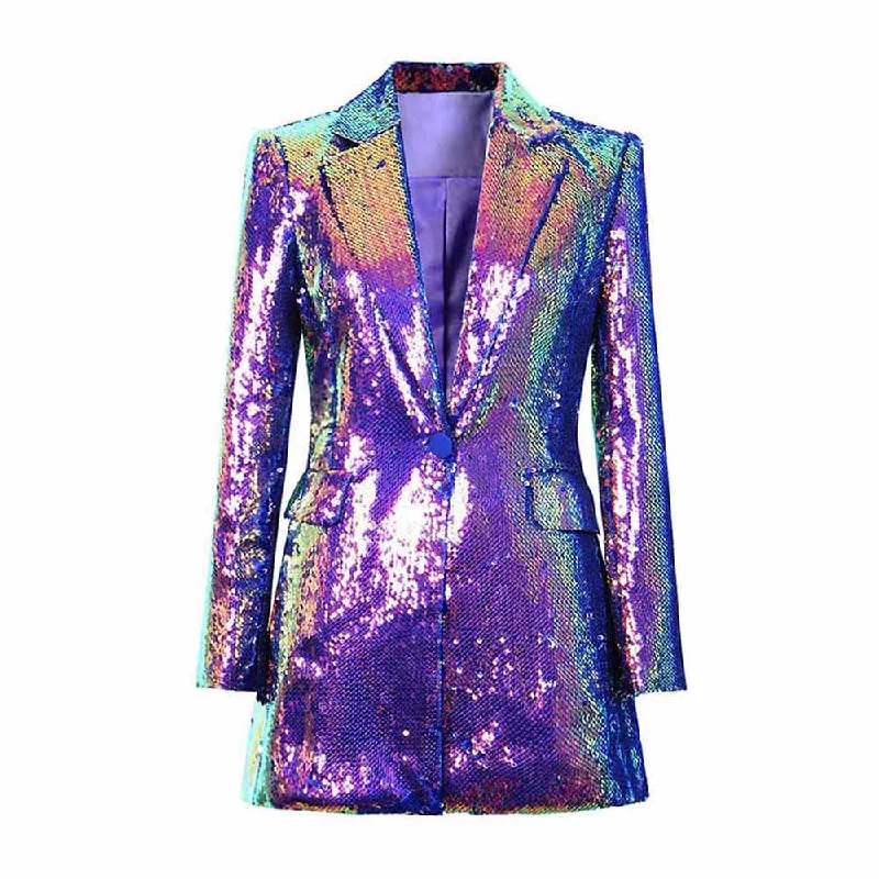 ladies' fleece zip-up jacket -Women's Luxury One Button Rainbow Multi-Color / Sequinned Mid-length Blazer Coat