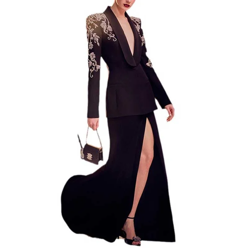 women's faux fur-lined parka -Women Black Studded Beaded Blazer Long Skirt Suit Jacket with Split Fish Tail Skirt Formal Suit