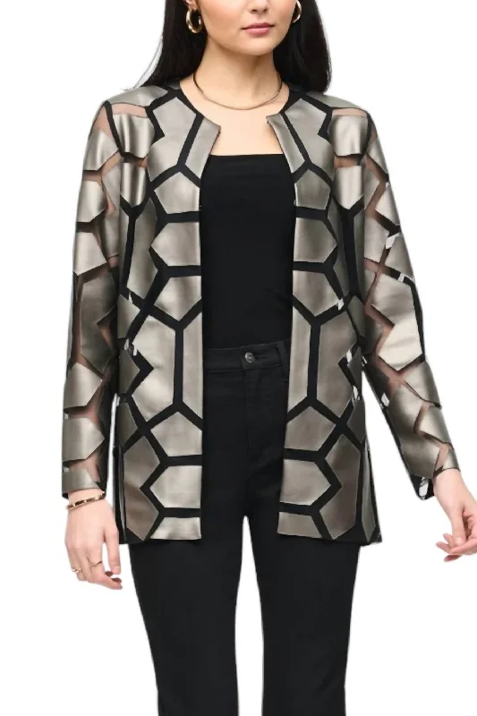 women's thermal long coat -Laser-Cut With Mesh Jacket In Grey / Black