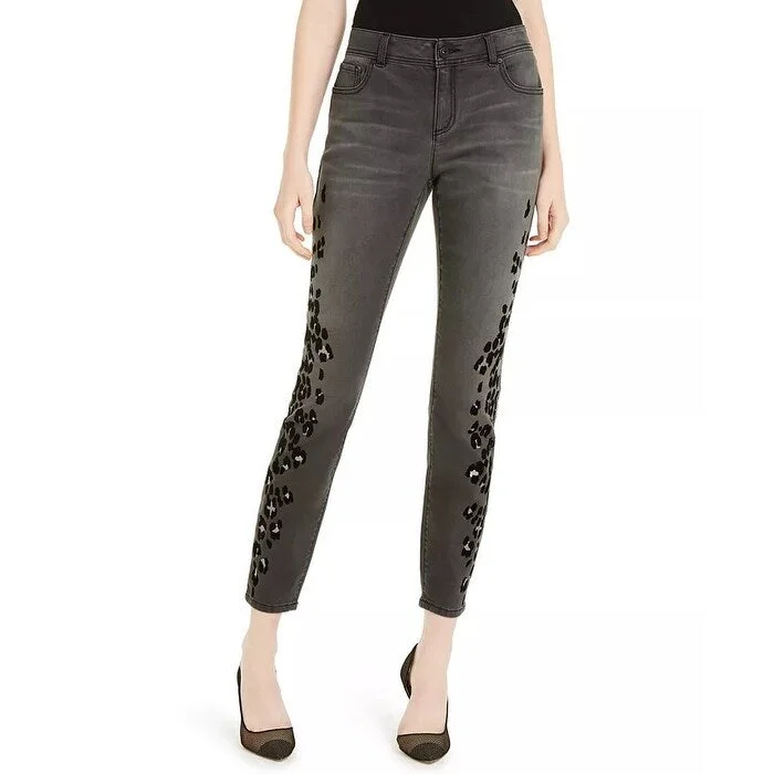 ladies' low-rise stretch jeans -INC International Concepts Women's Flocked Leopard-Print Skinny Jeans Black Size 8