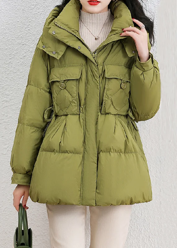 ladies' faux suede jacket -Fashion Green Hooded Pockets Patchwork Duck Down Down Coat Winter