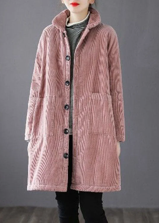 luxury designer winter coat for women -Stylish Pink Button Pockets Fine Cotton Filled Parka Winter