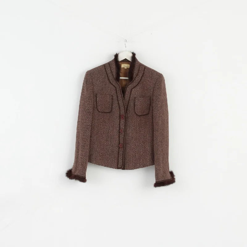 women's mid-length wool coat -Prato Women 42 Blazer Brown Viscose Soft Classic Shoulkder Pads Jacket