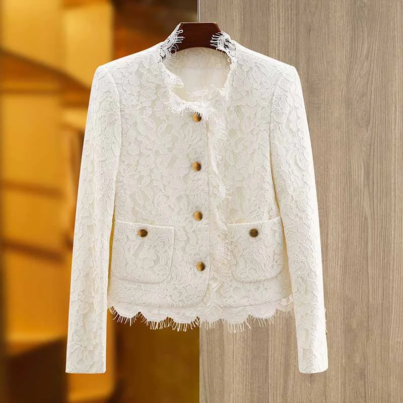 professional work blazer for women -Luxury white lace coat wedding jacket with pocket