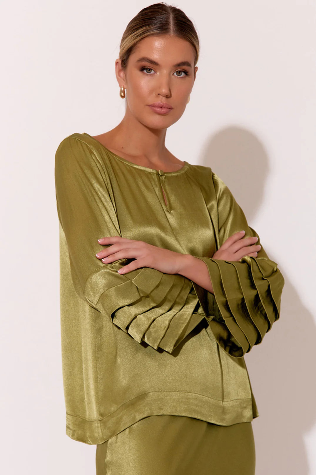 cute peplum blouse for ladies -Etta Satin Top - Olive