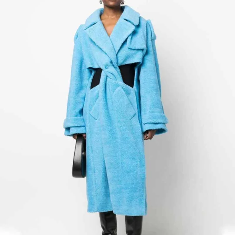 stylish longline coat for women -Blue Hollowed and twisted waist slender long warm coat for women