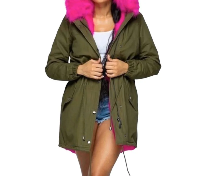 fashionable metallic puffer jacket for women -Hooded Coat With Hot Pink Fur In Olive