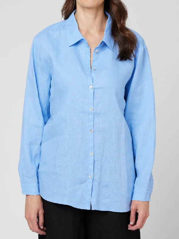 women's sheer mesh blouse -Boyfriend Linen Shirt - Cornflower