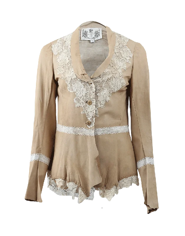 structured blazer jacket for women -Lace Bib Leather Jacket