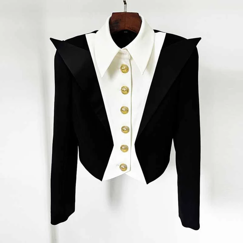 women's long trench coat -Womne's Crop Jacket 6 Button Black White Blazer