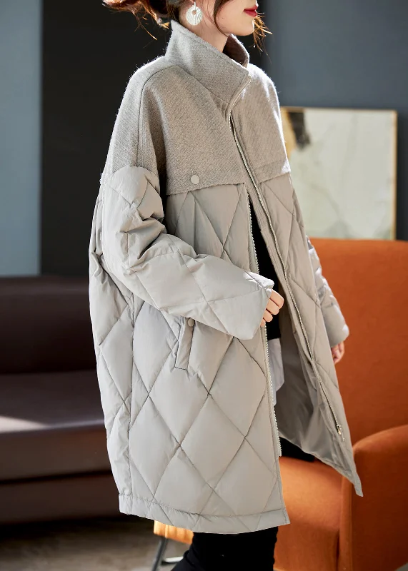 women's teddy bear coat -Elegant Grey Woolen Patchwork Duck Down Down Coat Winter