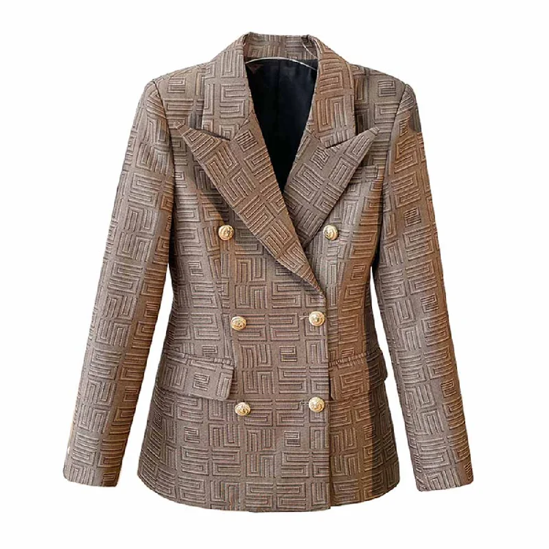 ladies' puffer jacket -Women's Brown Tailored Double-breasted Blazer