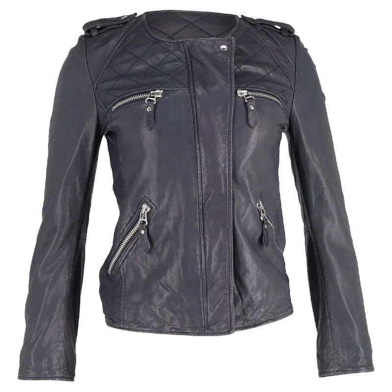 sleek minimalist coat for women -Isabel Marant Etoile Zipped Biker Jacket in Grey Lambskin Leather