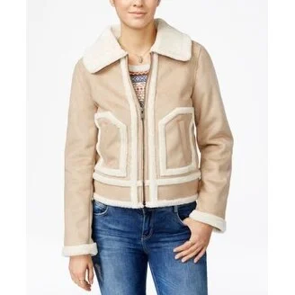 women's hooded winter jacket -Collection B Faux-Shearling Trimmed Moto Jacket Cashew-Winter/White