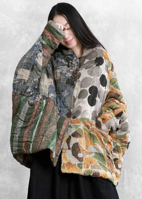 women's fur-trimmed parka -Italian Colorblock Oversized Patchwork Print Fine Cotton Filled Parkas Winter