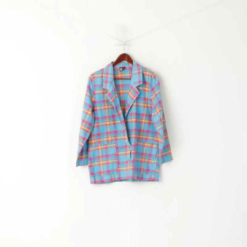 ladies' waterfall drape coat -Your Sixth Sense Women 16 L Blazer Blue Check Vintage Shoulder Pads Single Breasted Jacket