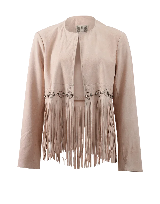 women's double-breasted coat -Fringe And Jeweled Leather Jacket