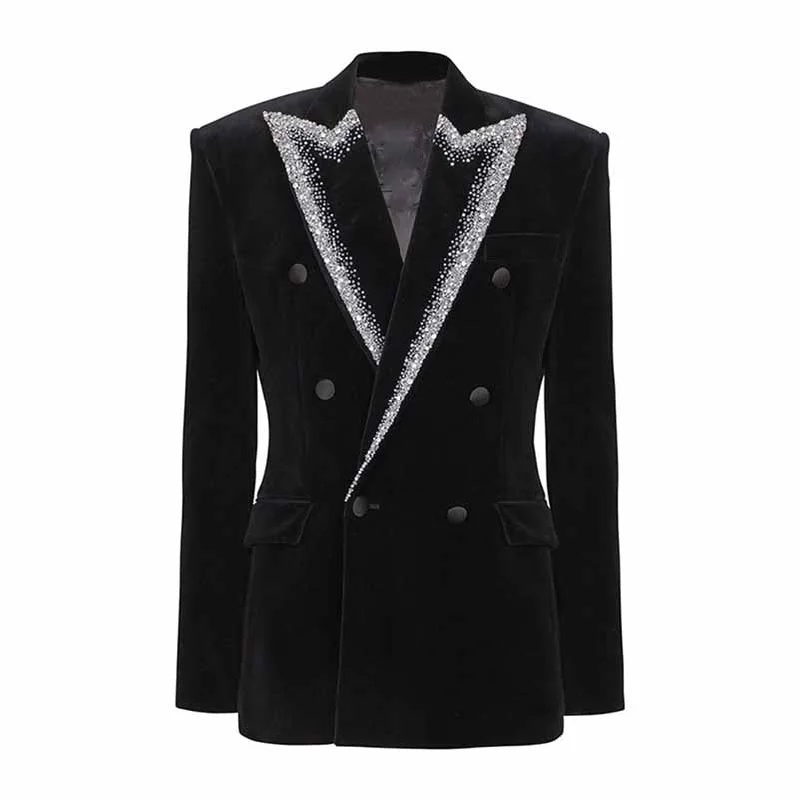 women's double-breasted coat -Women's Velvet Jacket with Beasted Collar Black Double Breasted Blazer