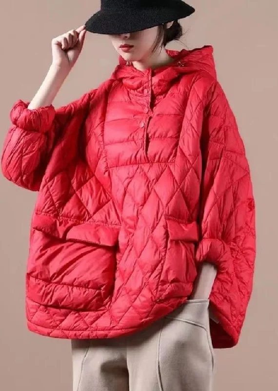 women's waterproof raincoat -Plus Size Red Winter Puffer Jacket Hooded Down Coat