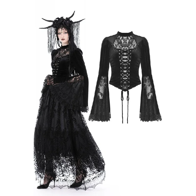 ladies' ruched front blouse -Women's Gothic Flared Sleeved Lace Splice Velvet Shirt