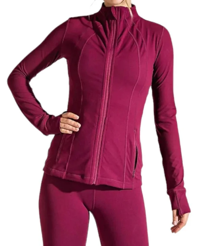 ladies' waterfall drape coat -Athleisure Zipper Jacket In Burgundy