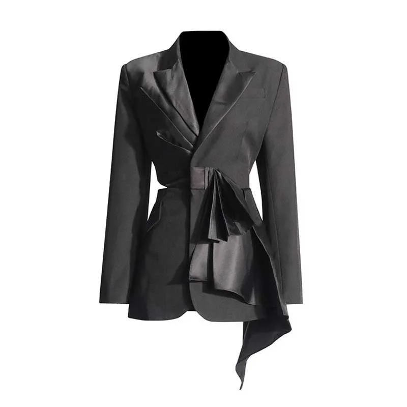 urban style cropped puffer jacket -Women's Black Coat Asymmetric Cutout Silk-blend Satin blazer