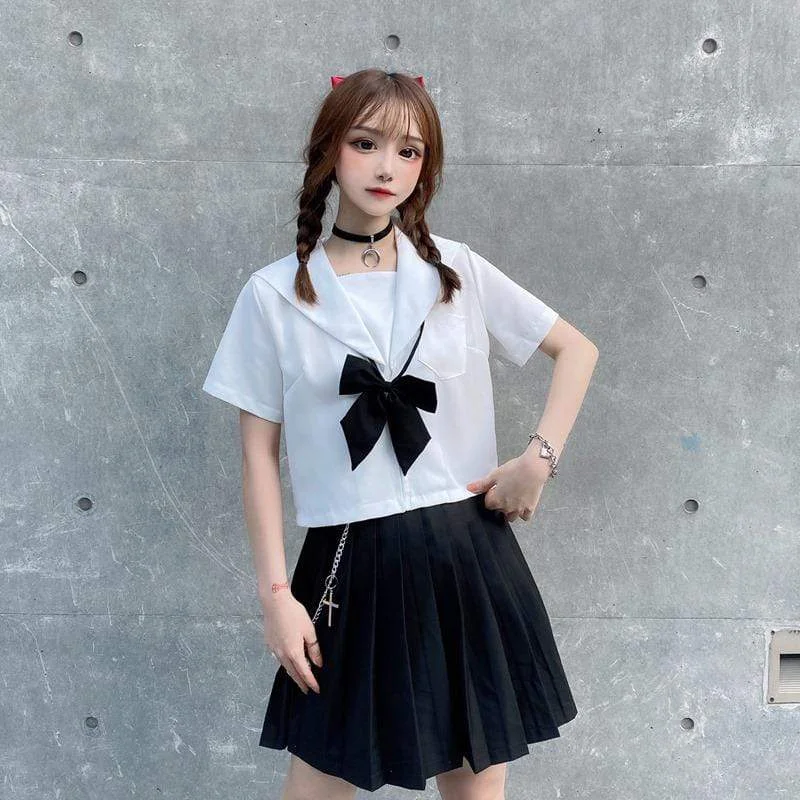 trendy drawstring hem top for ladies -Women's Kawaii JK Uniform Bowknot Tops