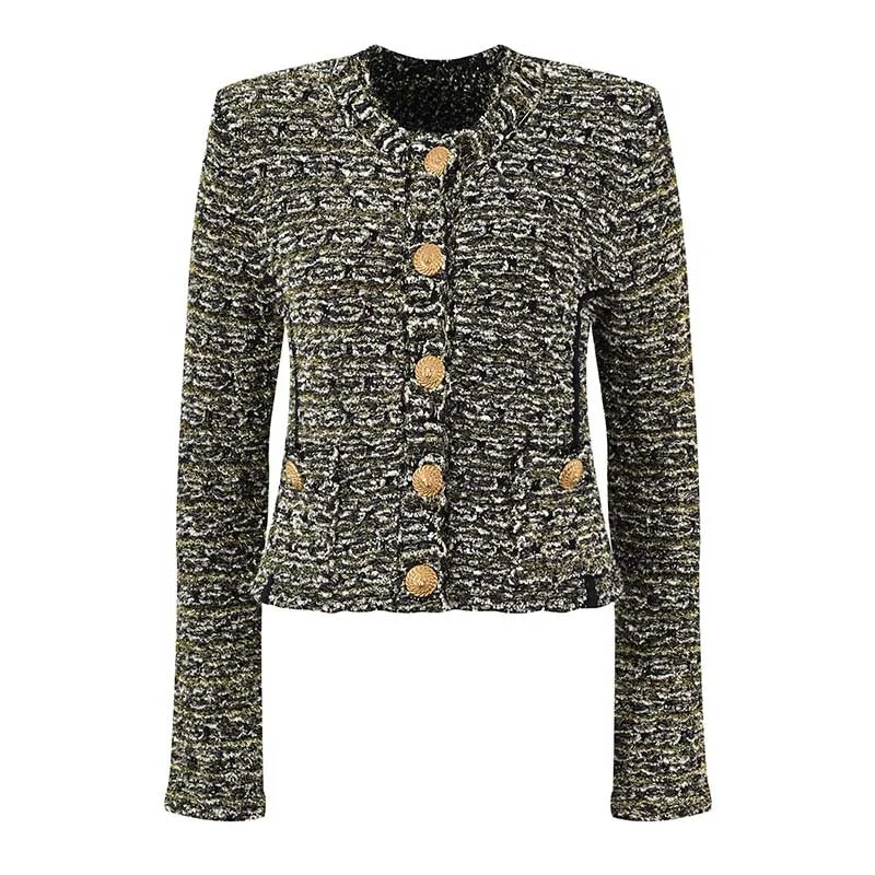 urban streetwear jacket for women -Womens Tweed Short Jacket Gold Button Coat