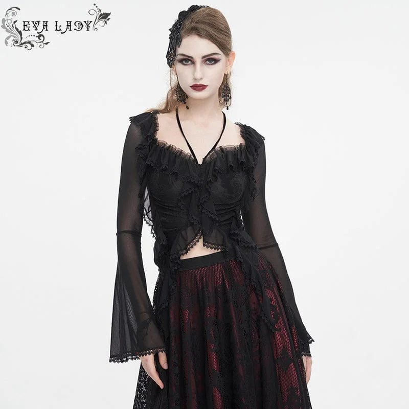 trendy mesh panel top for ladies -Women's Gothic Lace-up Ruffled Mesh Shirt