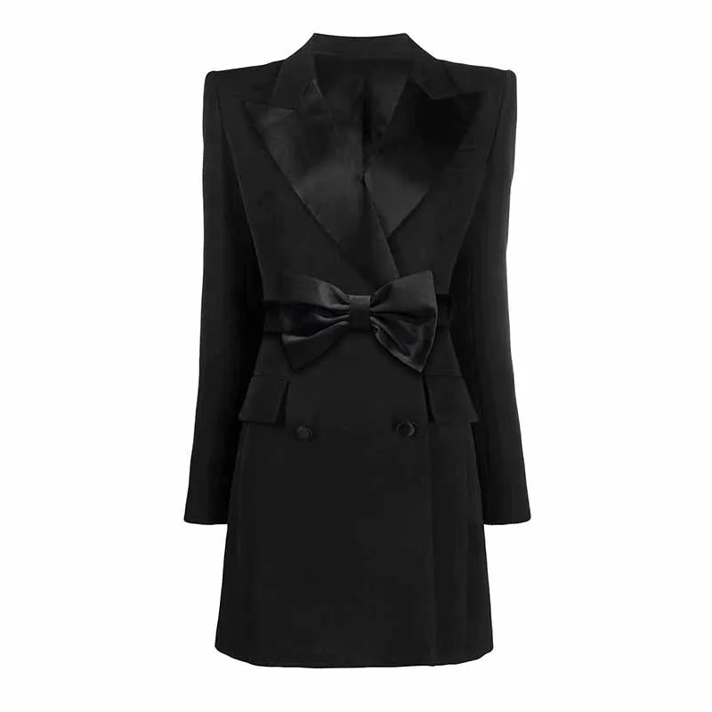 women's sherpa-lined jacket -Women's Black Blazer Dress Satin V Neck Bow Embellished Mini Dress