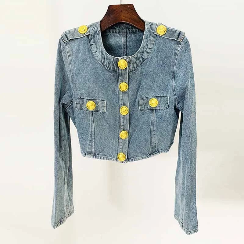 military-style coat for women -Women's Golden Lion Buttons Fitted Crop Denim Blazer Jacket Blue