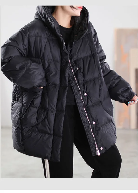 urban style cropped puffer jacket -Loose Black wrinkled Pockets drawstring Duck Down Down Jacket Winter