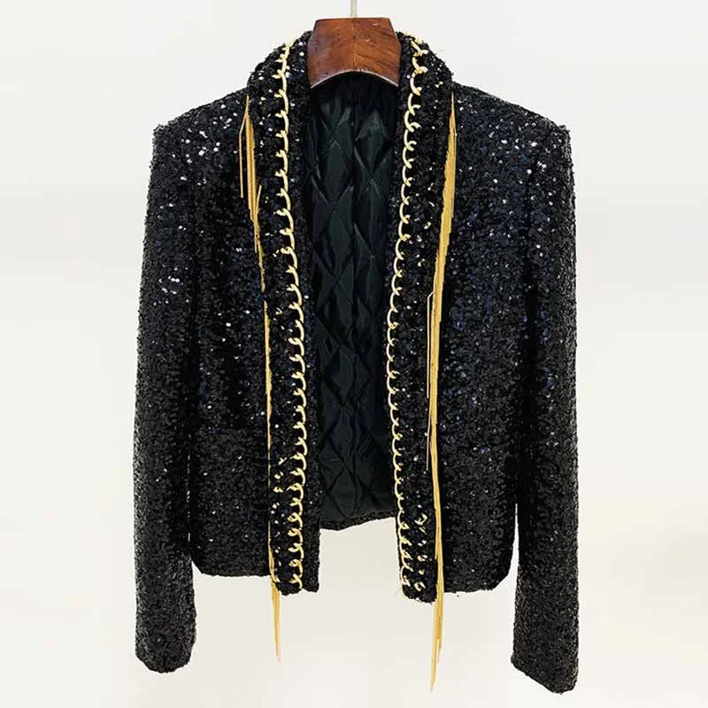 casual coats for women -Women Sequin Tassel Chain Blazer Black Jacket