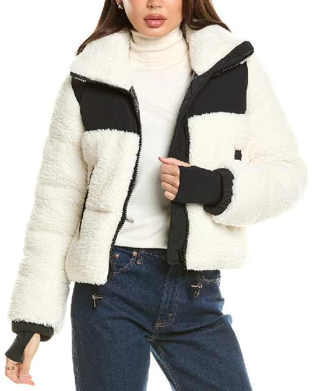 sporty track jacket for women -SAM. Mixed Media Sherpa Down Puffer Jacket