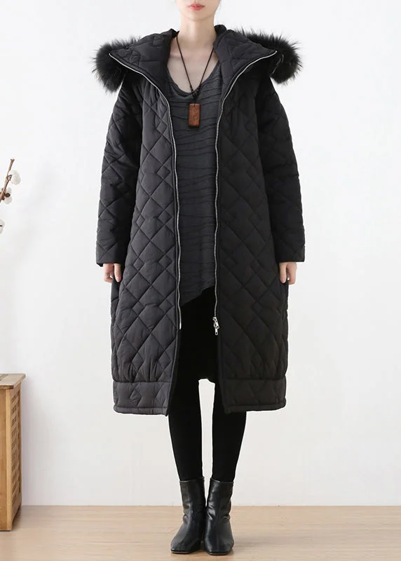 warm alpaca wool coat for ladies -Black Plaid Thick Hooded Long Parka Winter