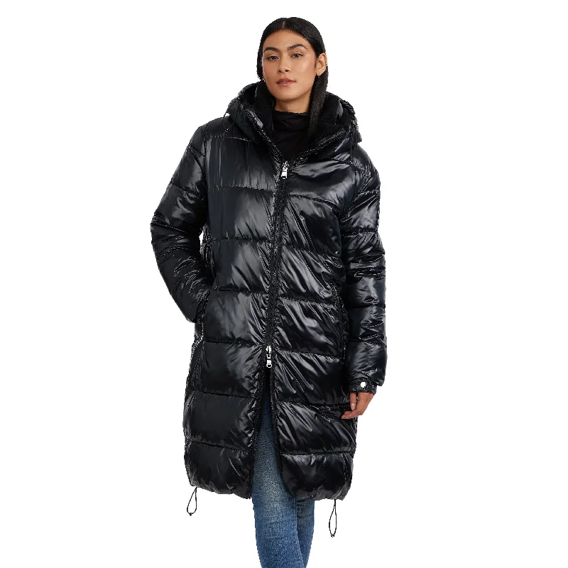 women's varsity bomber jacket -Pajar Women’s Alsephina Channel Quilted Reversible Puffer with Detachable Hood