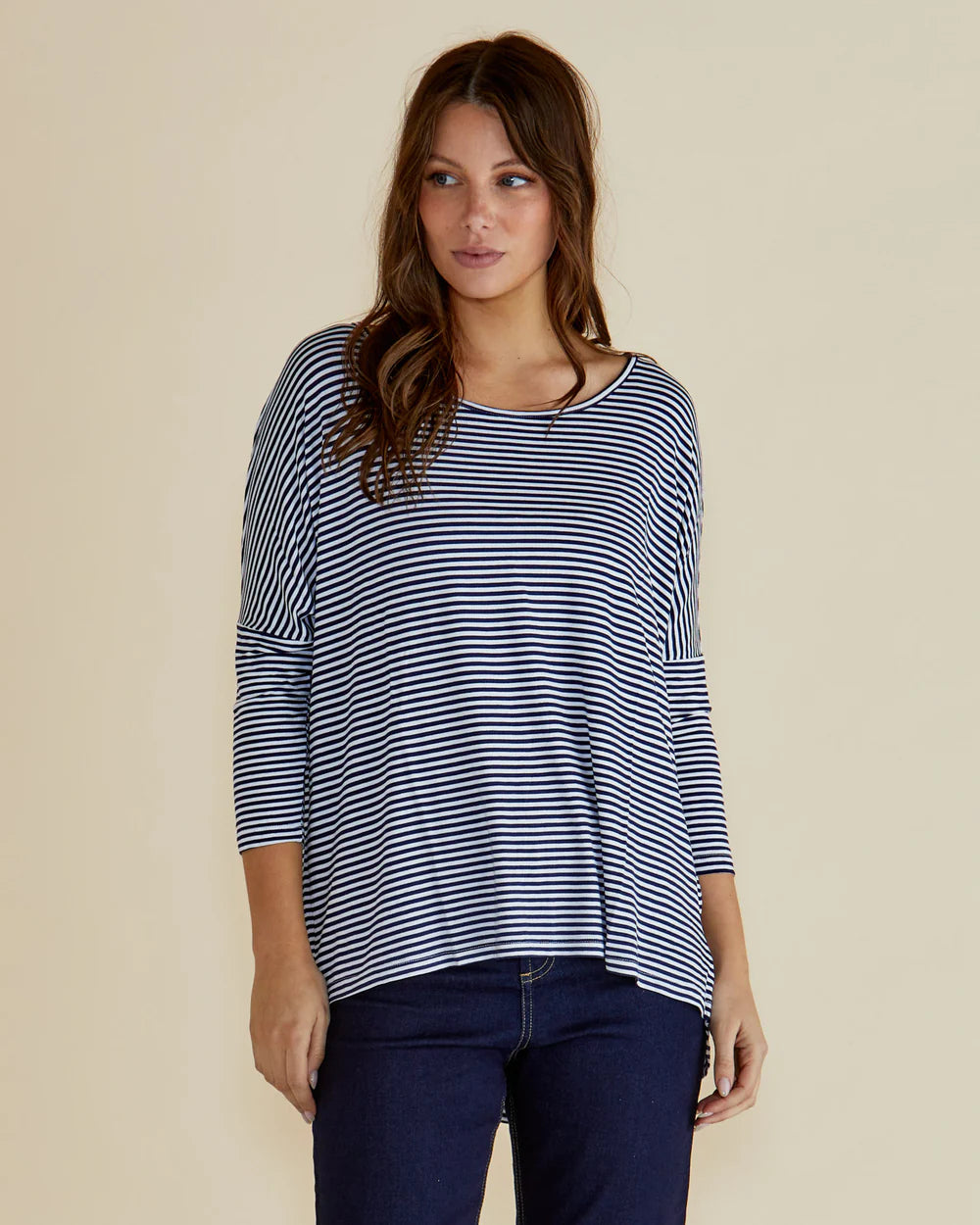 women's striped casual shirt -Milan Relaxed 3/4 Top - Navy/White Stripe