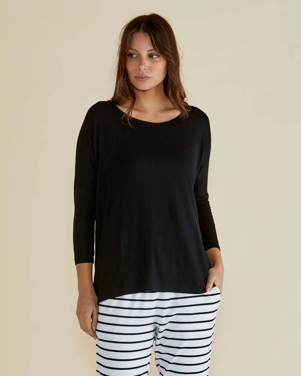 loose-fit linen top for women -Milan Relaxed 3/4 Top - Black