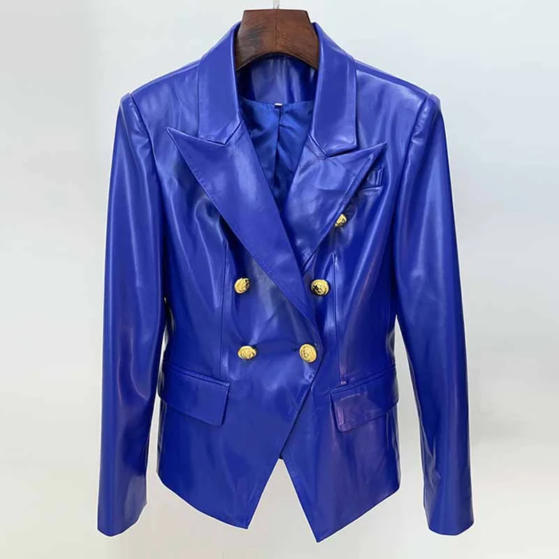 elegant long coat for women -Women's Luxury Faux Leather Collar Fitted Blazer Golden Lion Buttons Royal Blue