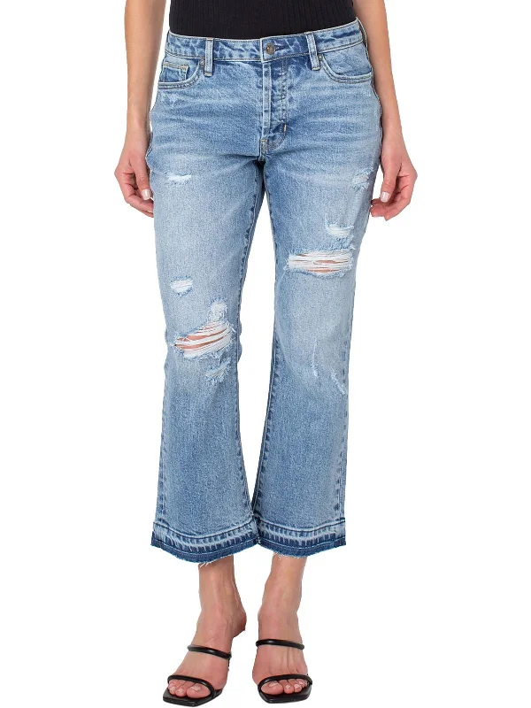 high-rise paperbag jeans for women -Womens Distressed Mid-Rise Bootcut Jeans