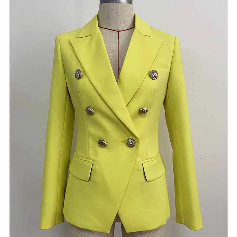 urban streetwear jacket for women -Women Yellow Coat Long Sleeves blazer jackets Double Breasted Coat