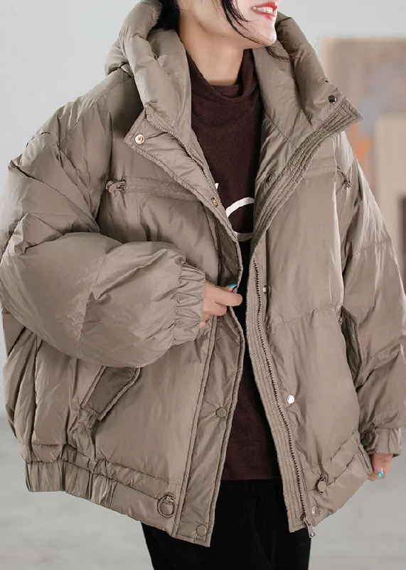 oversized women's coat -Women Khaki Zip Up drawstring Duck Down Puffer Jacket Winter