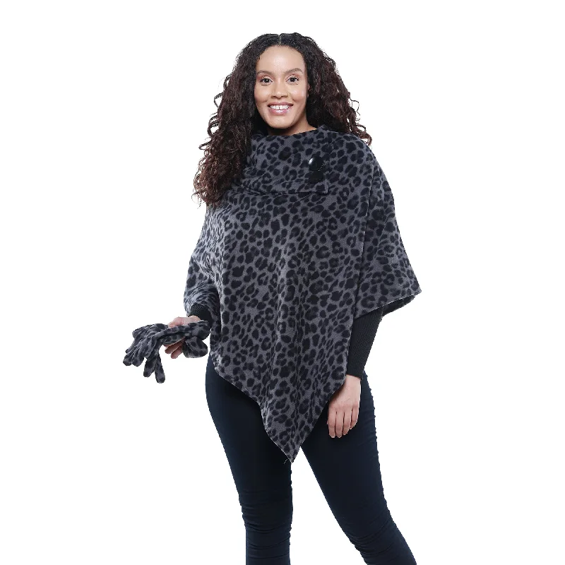 trendy plaid coat for women -Elisa Gray Leopard Cozy Coat Fleece Poncho and Gloves Set