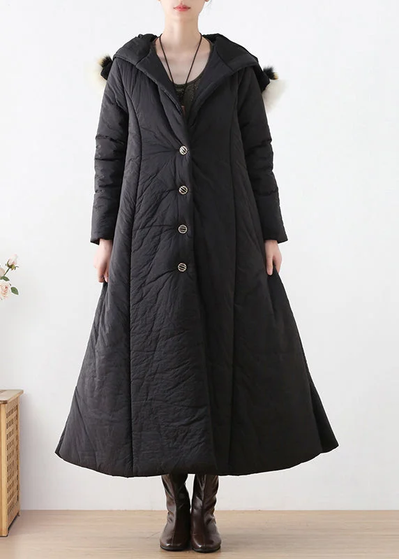 women's faux fur-lined parka -Bohemian Black Button Hooded Long Parka Winter