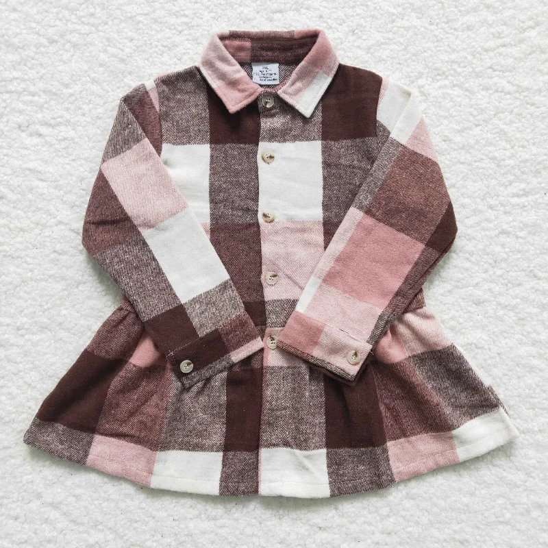 ladies' boyfriend-style shirt -Girl Pink plaid Flannel Top