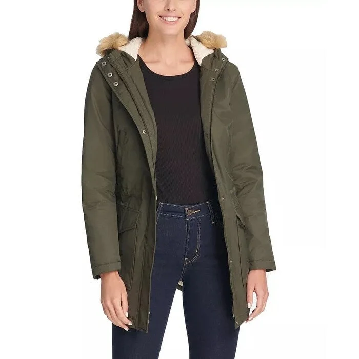 ladies' long hooded winter coat -Levi's Women's Water Repellent Parka With Faux Shearling Lining & Faux Fur Trim Hood Green Size Small