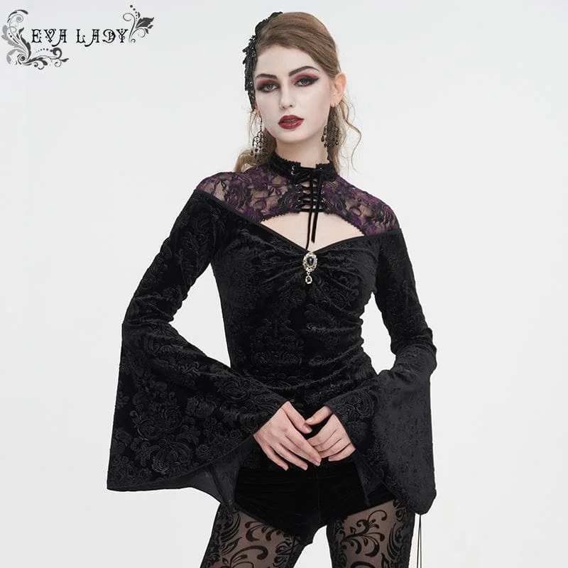 relaxed-fit tunic tee for women -Women's Gothic Cutout Flared Sleeved Floral Embossed Shirt