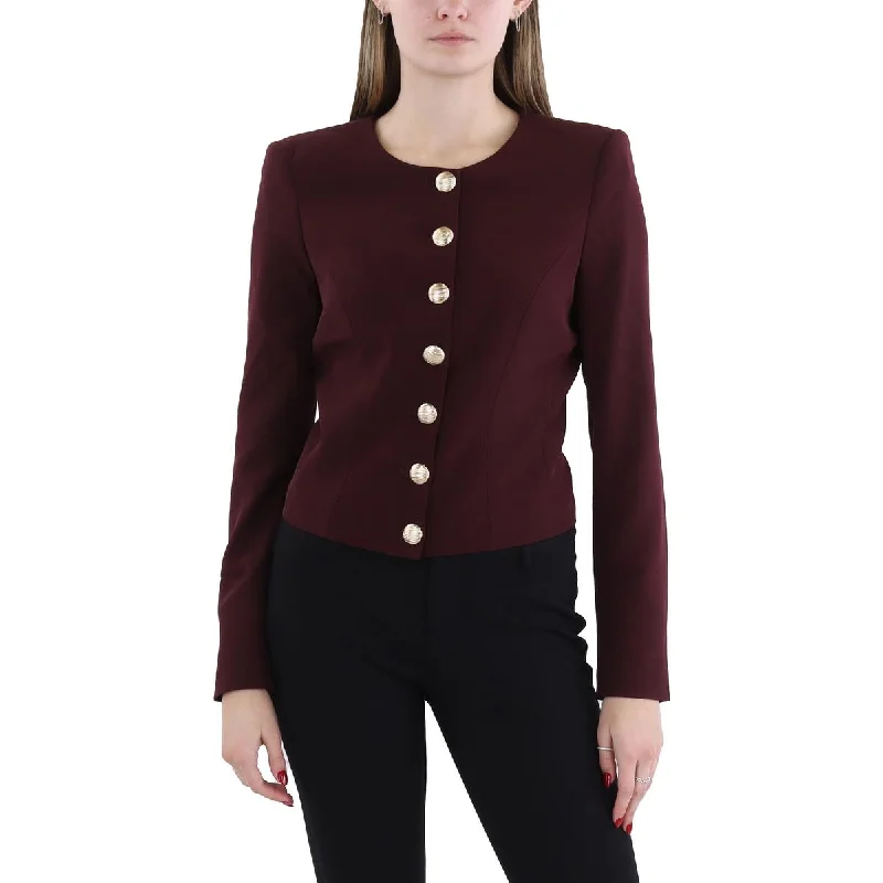 women's mid-length wool coat -Generation Love Womens Embellished Workwear Collarless Blazer