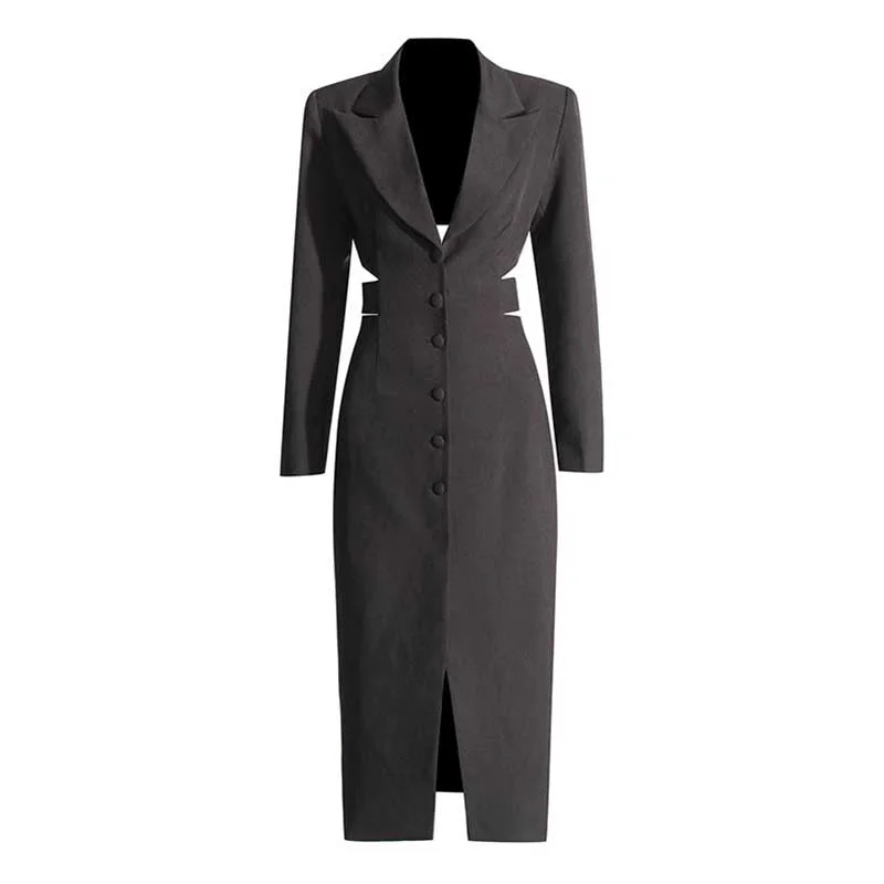 sleek satin bomber jacket for women -Women's Cut-Out Maxi Coat Slim Fit Black Blazer Dress