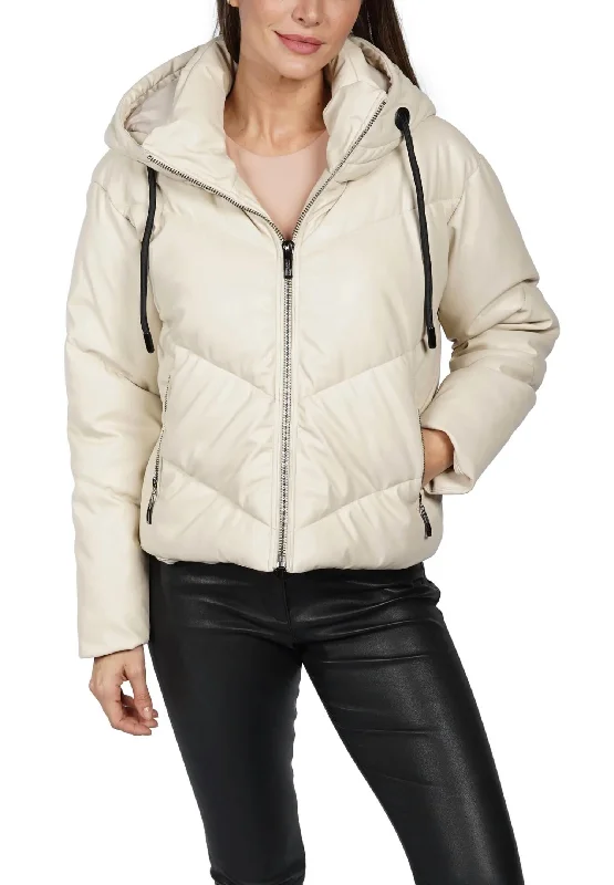 sustainable eco-friendly coat for women -Sami Puffer Faux Leather Jacket In Beige